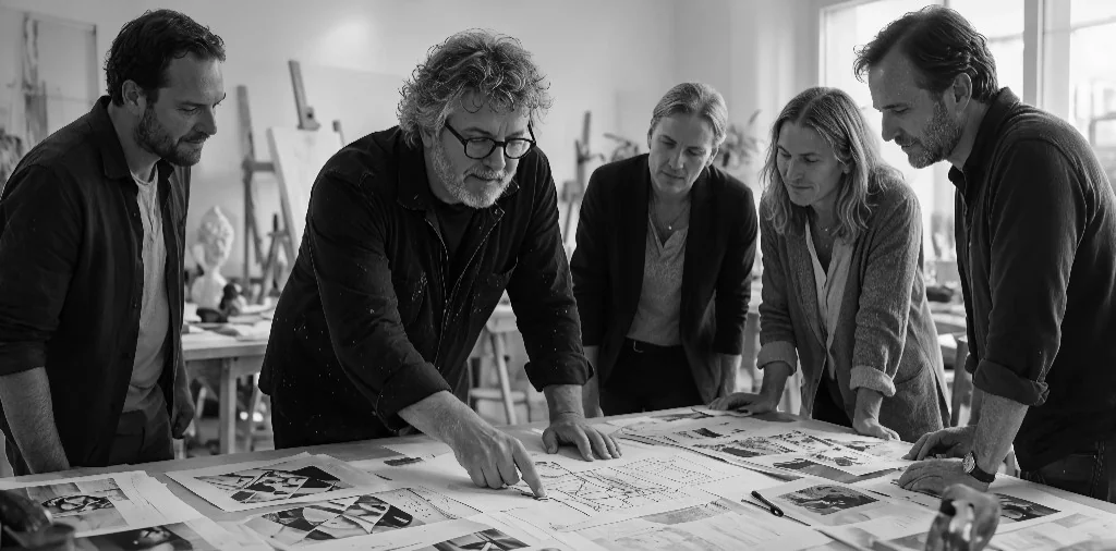 Steffen Rolla mit Team bei der Arbeit an Plänen und Bildern